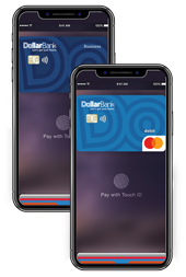 Mobile phones with Apple Pay and Dollar Bank Mastercards picture
