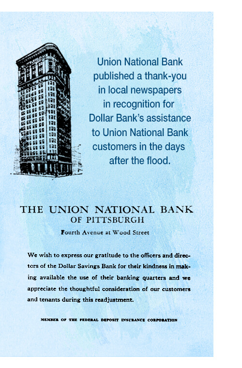 Thank you message in newspapers from Union National Bank to Dollar Bank for their assistance.